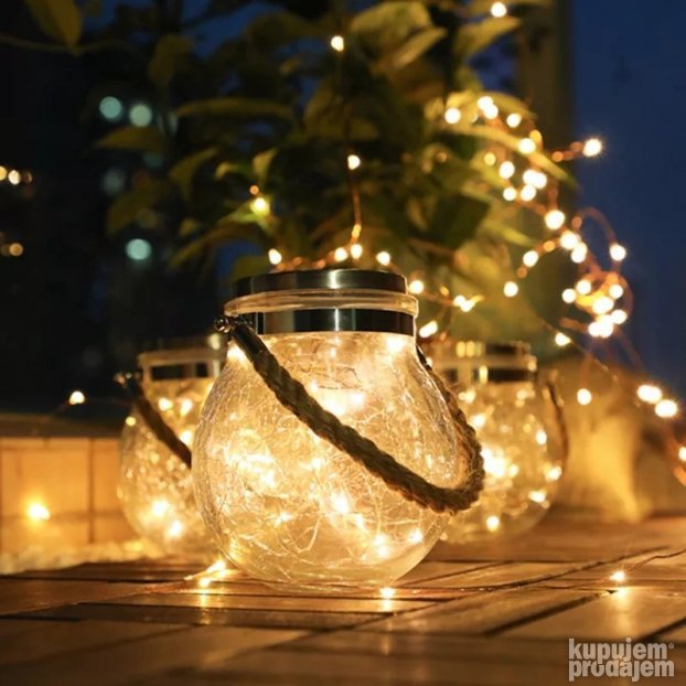 Solarne staklene lampe fenjeri, 2 komada, sa kukom