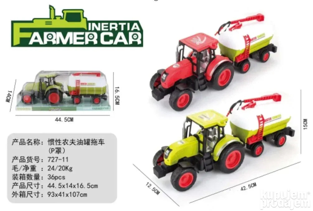 Farmerski traktor sa cisternom, dužina 42 cm, dve boje