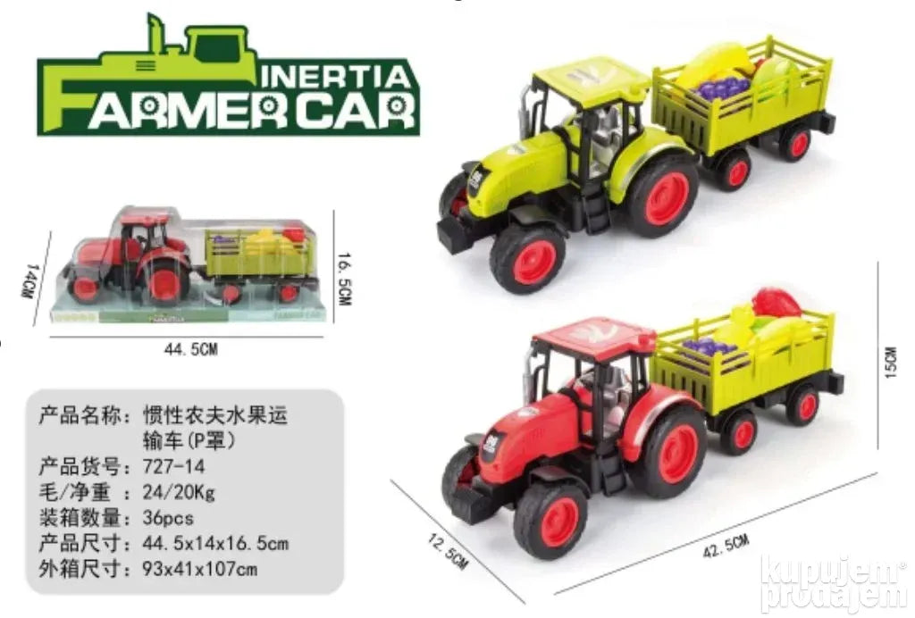 Traktor igračka sa prikolicom, dužina 42 cm, dve boje