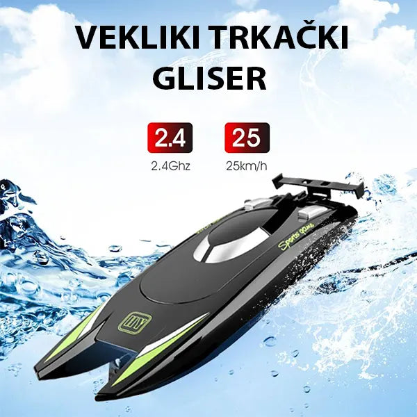 Trkački gliser na daljinski, crni, brzina do 25 km/h