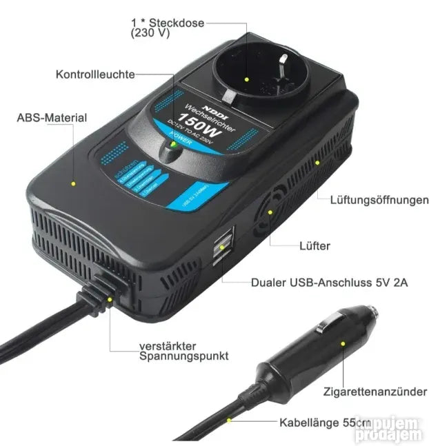 Auto inverter 12 V na 220 V, 150 W sa dva USB izlaza