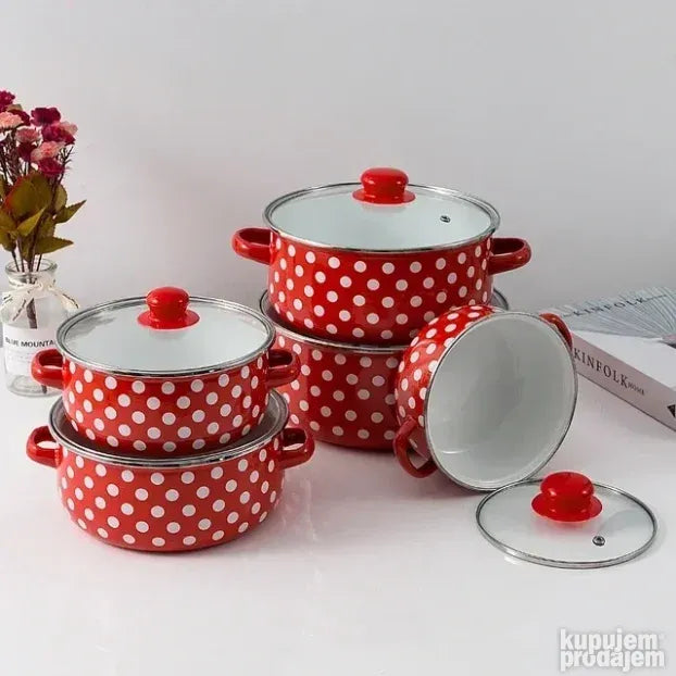 Set glaziranih šerpi sa poklopcima, 5 komada od 16 do 24 cm