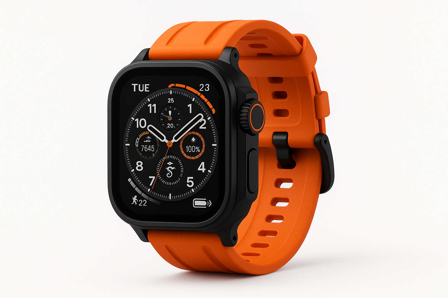 Debeli crni smartwatch sa narandžastom narukvicom - glavna slika