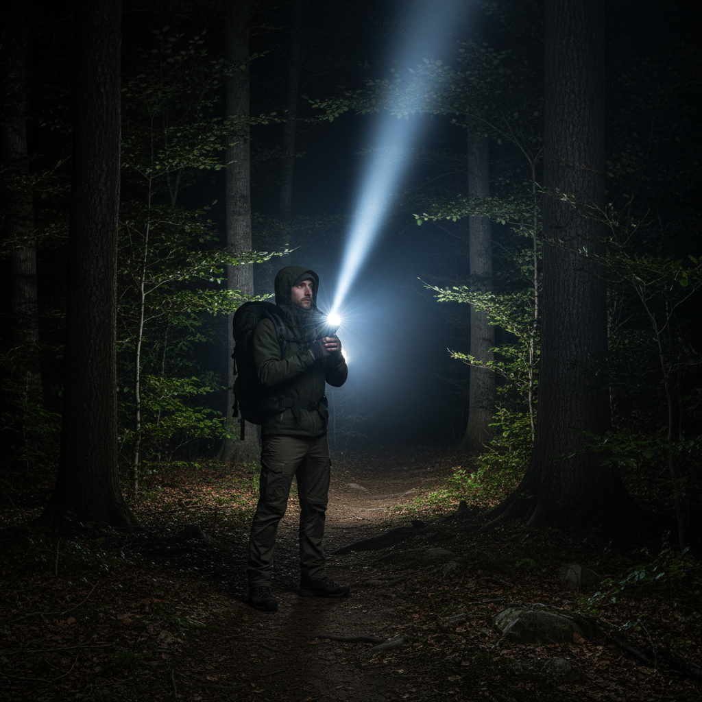 Taktička LED lampa u upotrebi noću u šumi