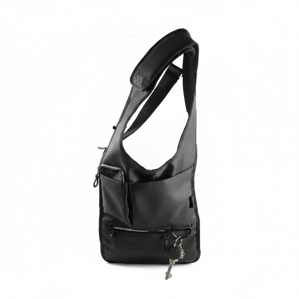 Crna kožana crossbody torba na beloj pozadini